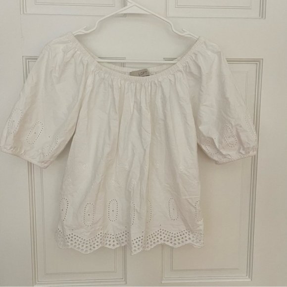 Ann Taylor Loft White Eyelet Off The Shoulder Blouse - Picture 3 of 12